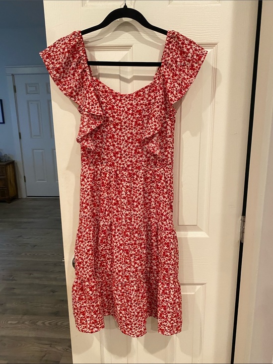 Monteau Dresses & Skirts - Monteau Red Floral Ruffle-Sleeve Mini Dress